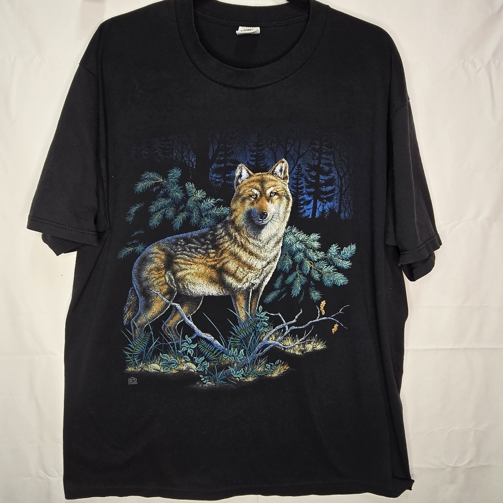 Vintage Black 1995 LSJ Sportswear Wolf Art Graphic Tee-Shirt Mens Size XL C19